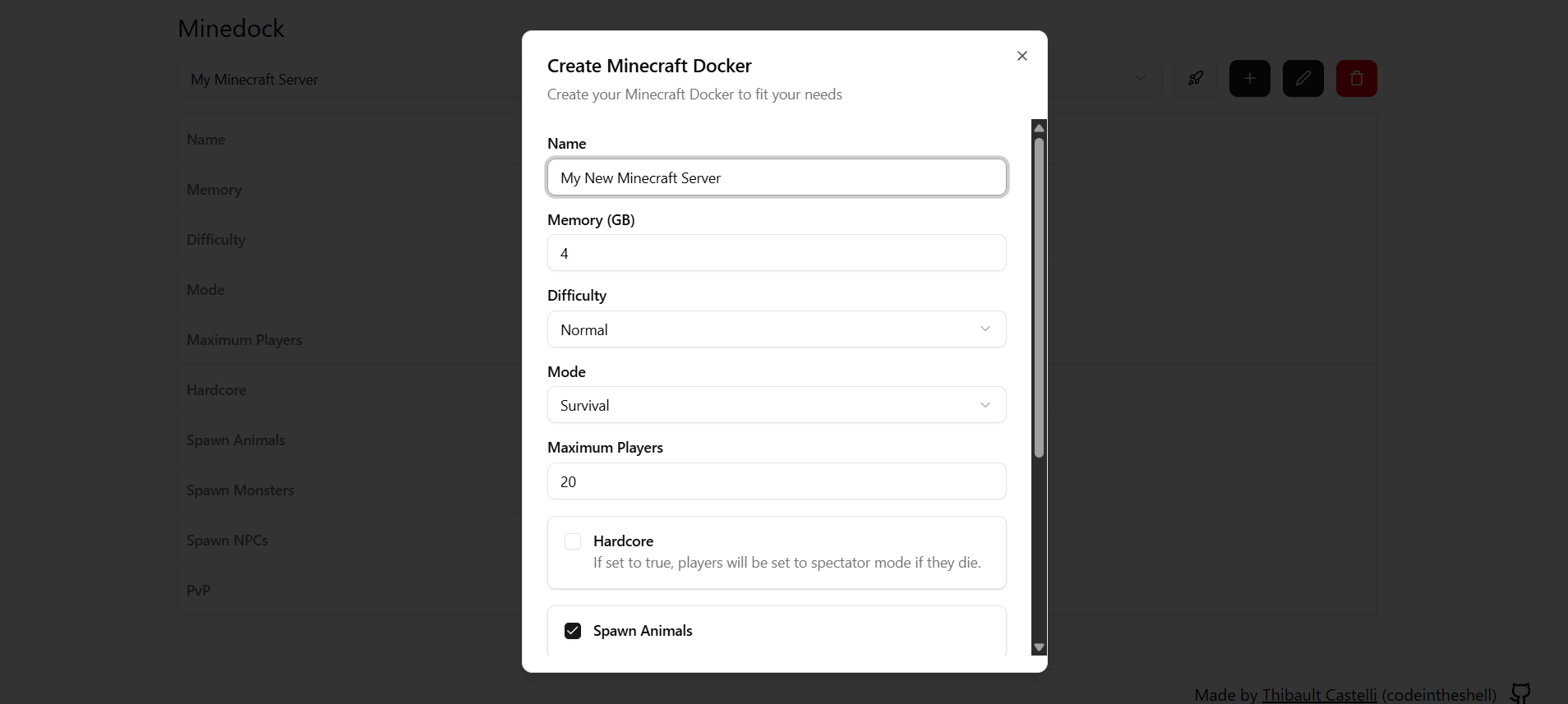 Minedock create page
