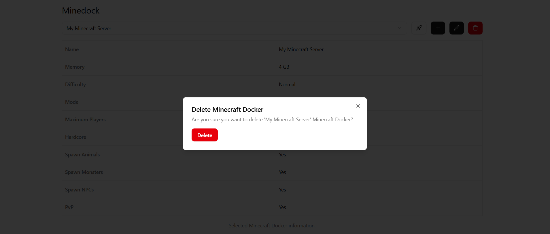 Minedock delete page